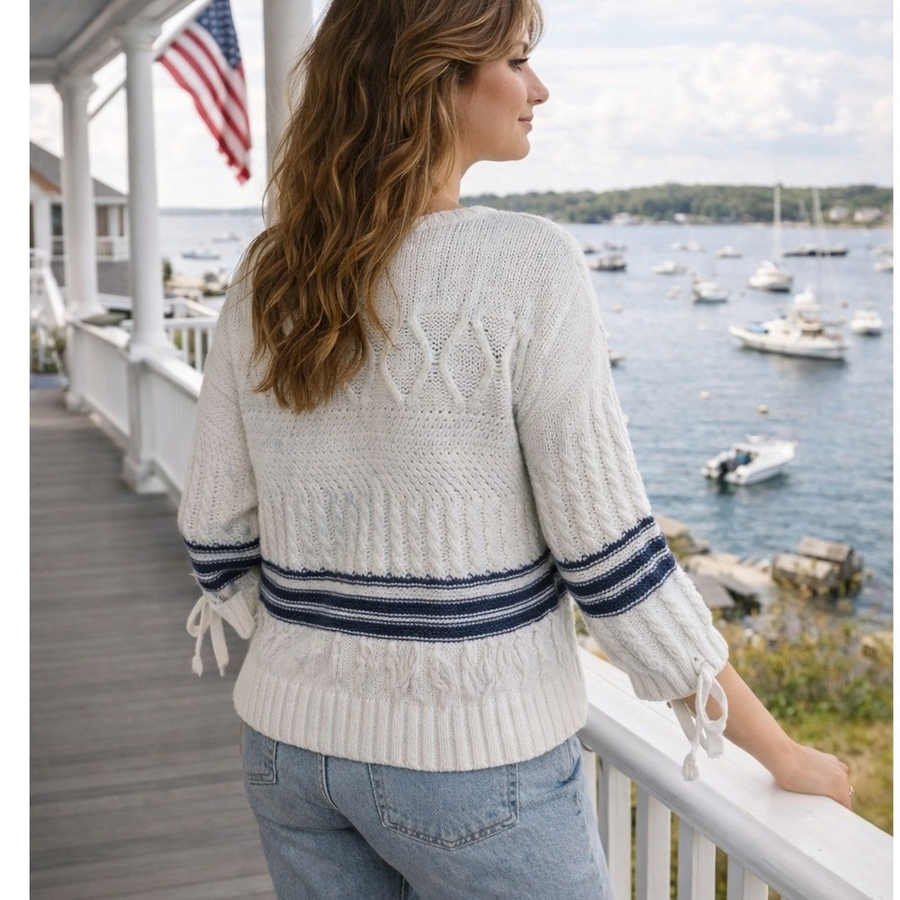Joseph A Womens Cable Knit Crewneck Sweater Size PM Stripe Fringe Coastal Prep